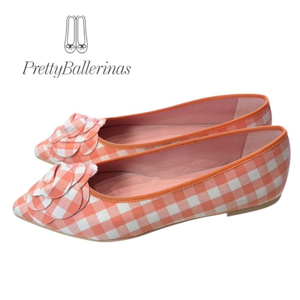 New PRETTY BALLERINAS Tyra Orange Gingham Rose Slip-on Ballet Flats 36  6